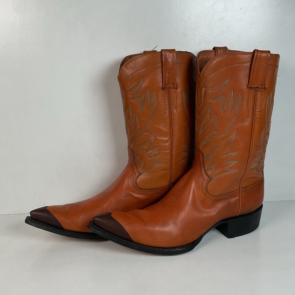 Vintage Cowtown Handmade Cowboy Boots | Lizard Wingtip | Pumpkin Orange | 13.5 D